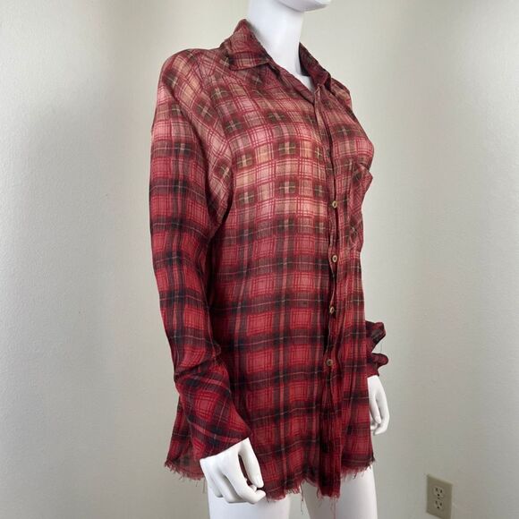Free People Womens Size XS Red Festival Plaid Distressed Button Up High Low Top - Picture 11 of 14
